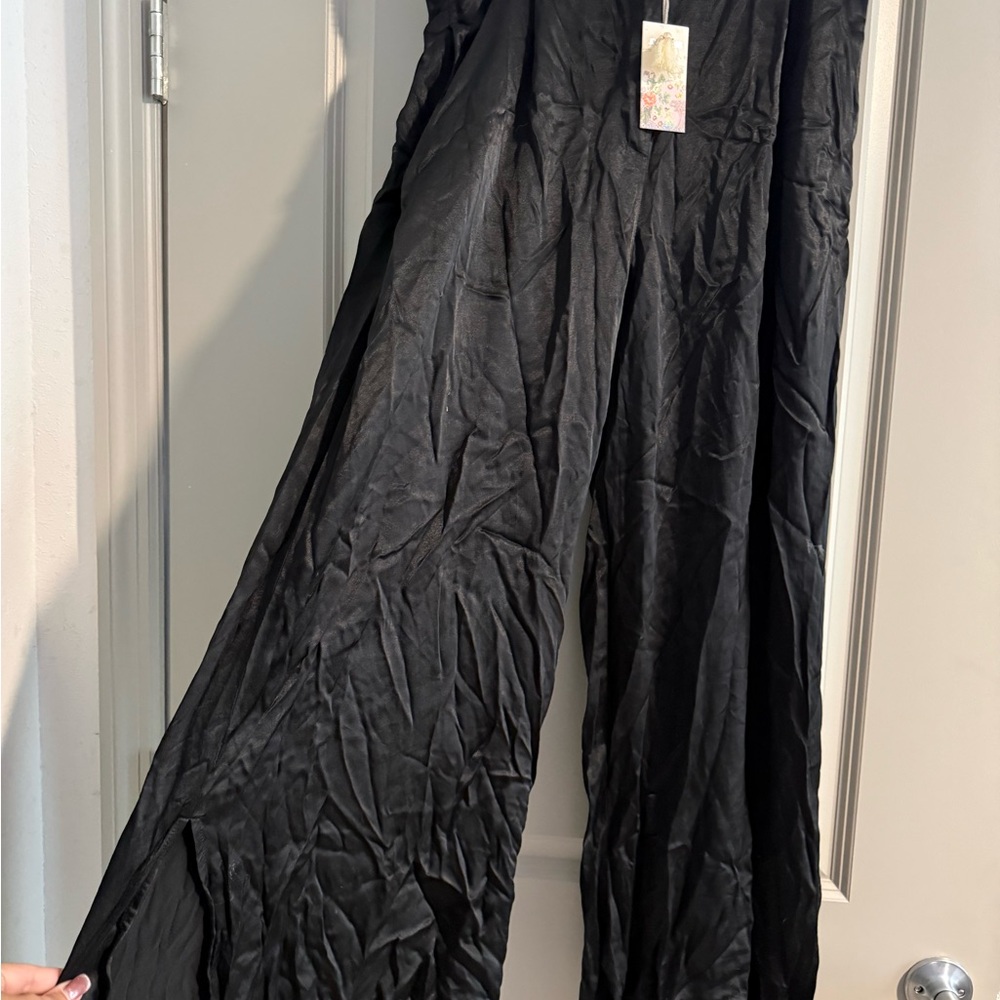 Johnny Was Black Wide Leg Satin Crinkle Pants